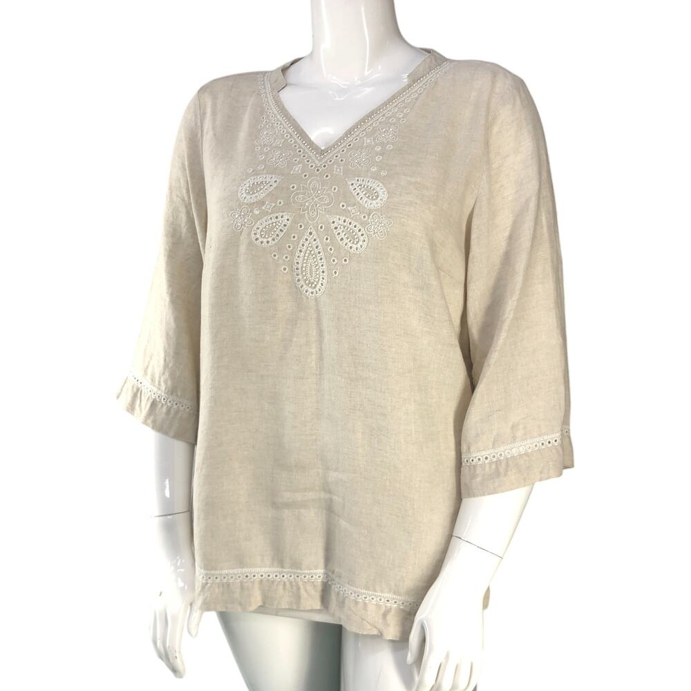 Tommy Bahama Womens Size L Tunic Top Embroidered Beaded Linen *TINY FLAW - Picture 2 of 16